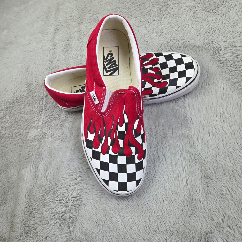 Vans Slip On Shoes Mens 8 Wmns 9.5 Flame Checkerboard Canvas Low Top Red Black